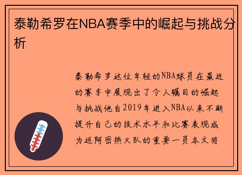 泰勒希罗在NBA赛季中的崛起与挑战分析