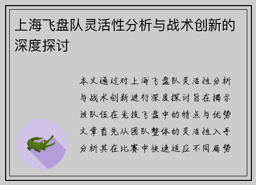 上海飞盘队灵活性分析与战术创新的深度探讨