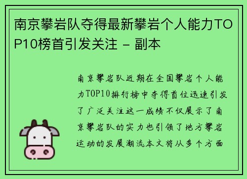 南京攀岩队夺得最新攀岩个人能力TOP10榜首引发关注 - 副本