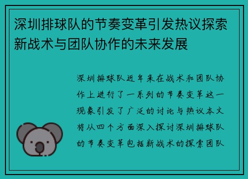 深圳排球队的节奏变革引发热议探索新战术与团队协作的未来发展