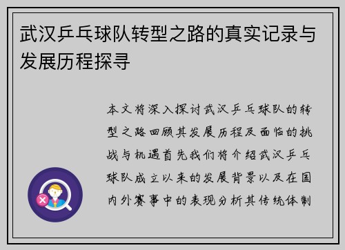 武汉乒乓球队转型之路的真实记录与发展历程探寻